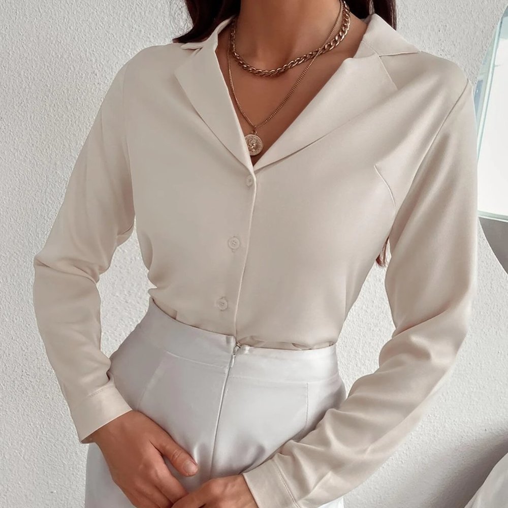 Beige Preppy Womens Solid Button Front Blouse - Picture 3 of 5